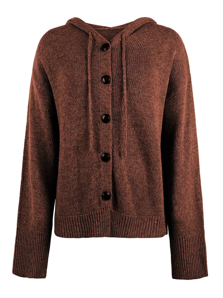 Stylish women's button-front hooded cardigan, ideal for a smart casual weekender outfit.