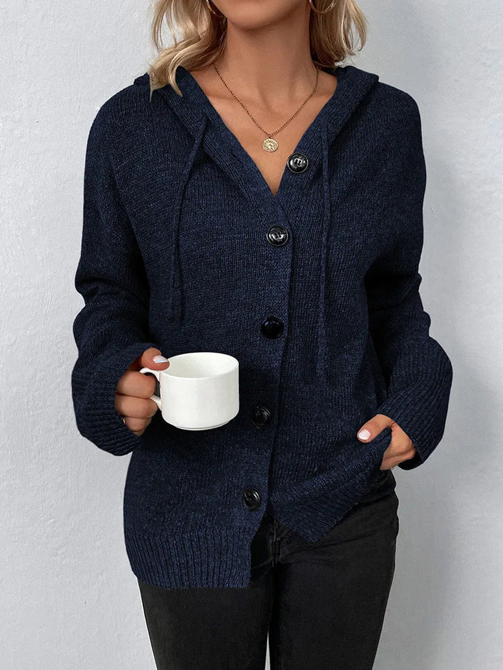 Cozy women's weekender cardigan with hood, perfect for effortless comfort and style.