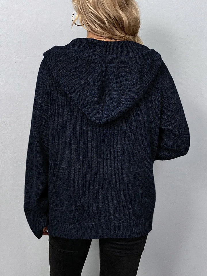 Fashionable women's button-up hooded cardigan, versatile for various casual outfits.