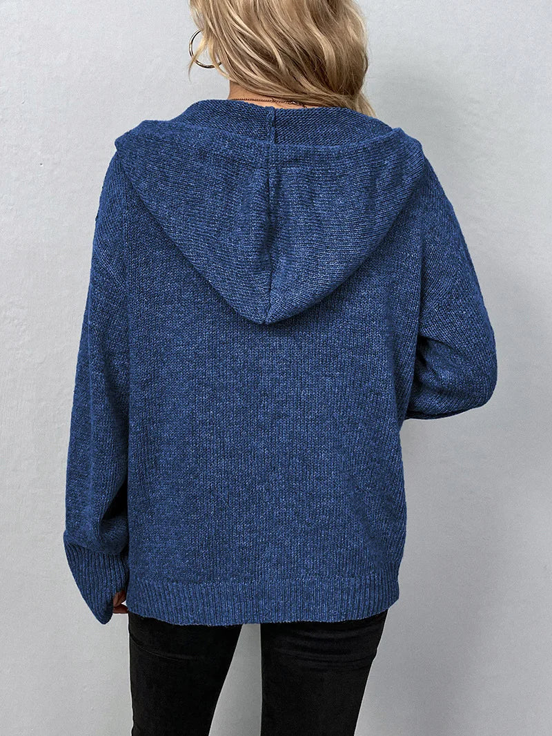 Cozy women's long sleeve hooded cardigan, button front for easy layering and comfort.