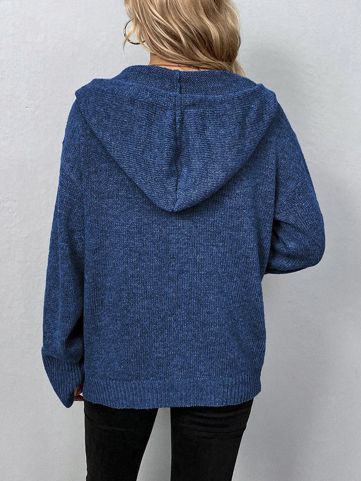 Cozy women's long sleeve hooded cardigan, button front for easy layering and comfort.