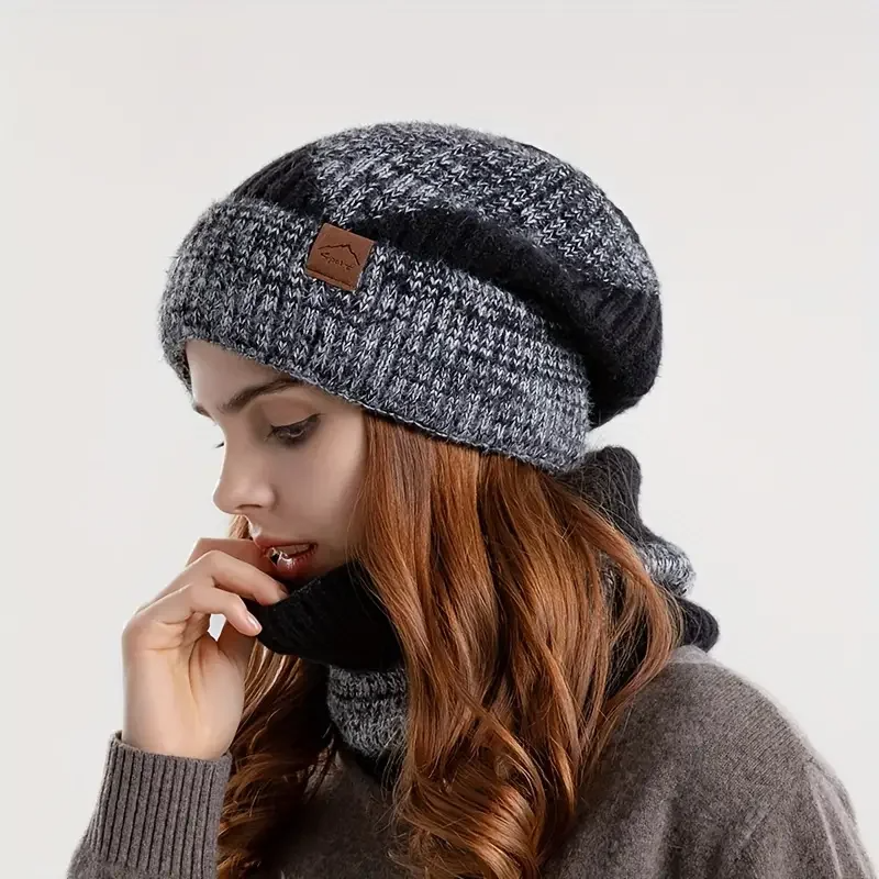 Practical women's warm beanie and scarf set, an ideal winter gift for cold weather.