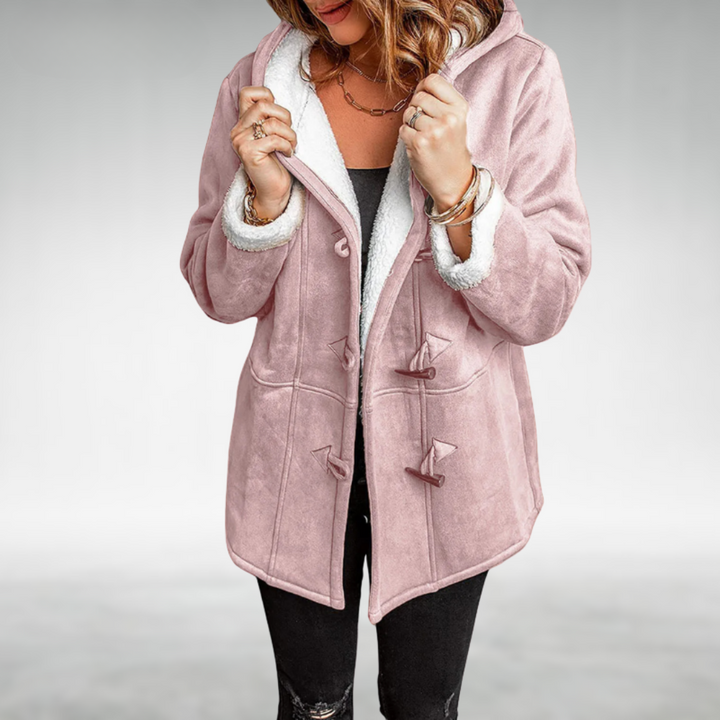 Stylish women's hooded winter coat, long design with unique toggle closure for warmth.