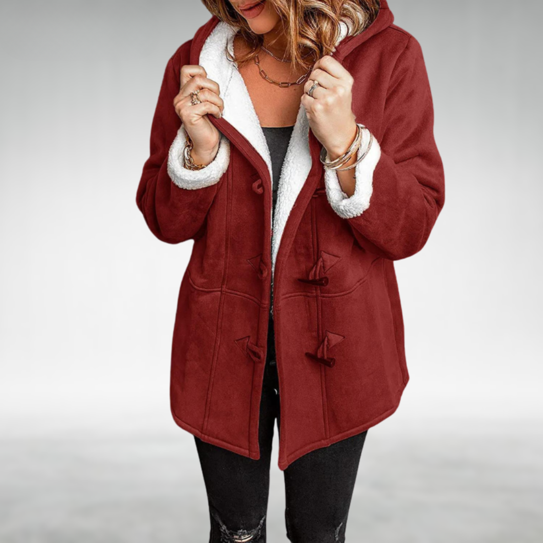 Casual women's warm coat, ideal for everyday winter wear, featuring a cozy hood and toggles.