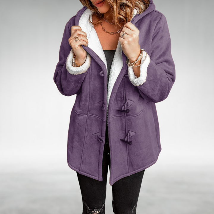 Warm hooded women's coat, perfect for winter, featuring a stylish toggle front closure.
