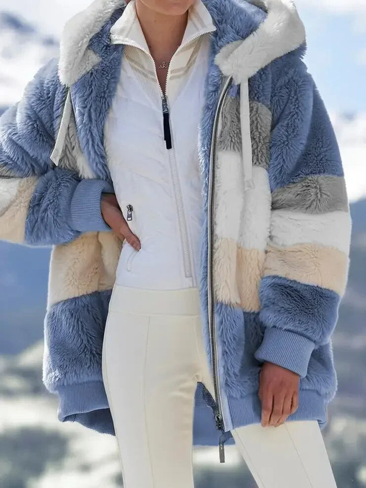 Warm women's hooded jacket with full zipper, perfect for casual everyday style & cold weather.