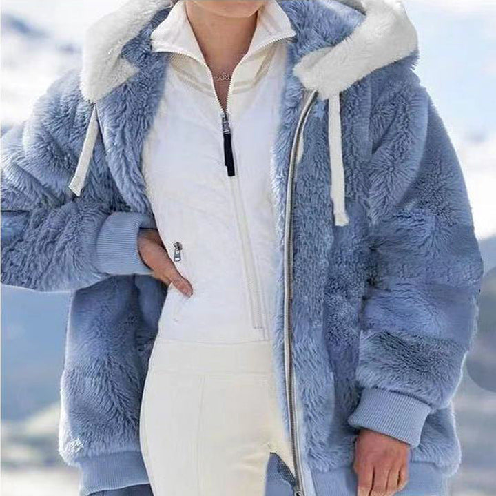 Cozy women's winter coat, hooded and zippered, ideal for fall fashion and outdoor activities.