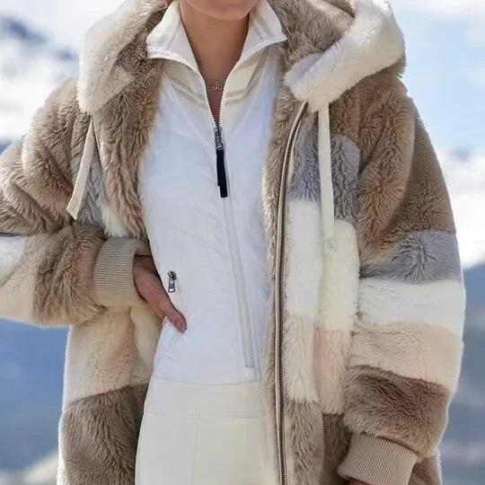 Side view of women's cozy zippered winter jacket, ideal for everyday casual wear and fall fashion.