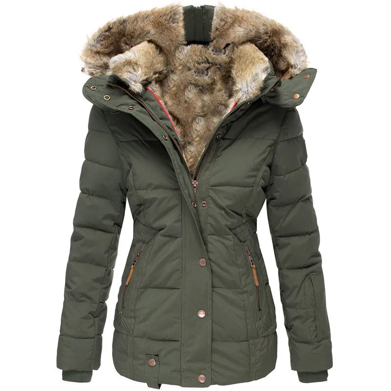 Women's cozy winter jacket with plush hood trim. Warm, stylish outerwear for cold weather comfort.