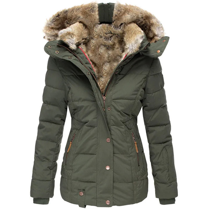 Women's cozy winter jacket with plush hood trim. Warm, stylish outerwear for cold weather comfort.