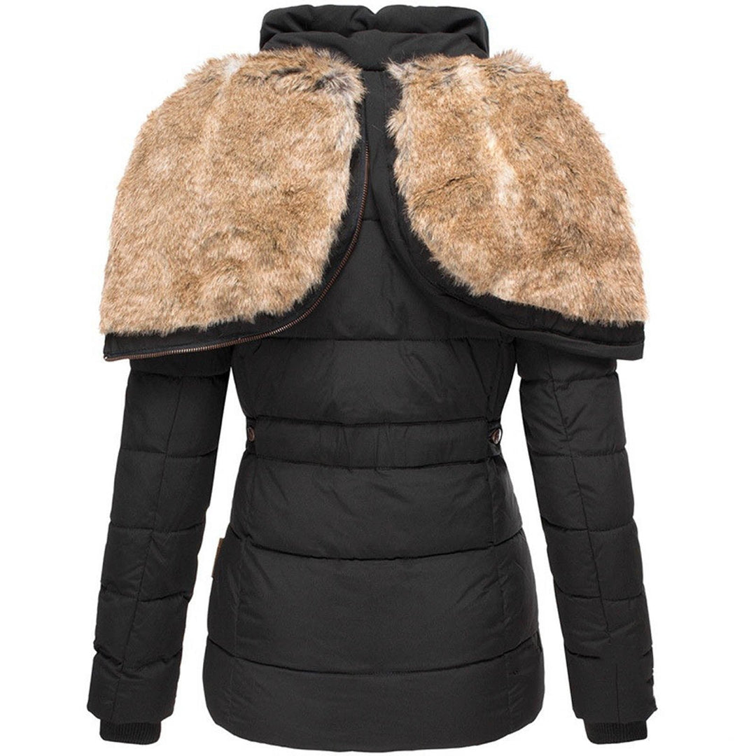Stylish women's winter coat, perfect for cold weather comfort & cozy fashion. Features a plush hood.