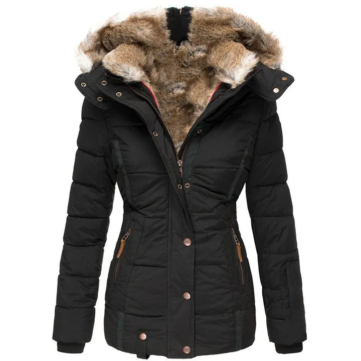 Warm women's winter jacket with plush hood. Essential outerwear for cold weather protection & comfort.
