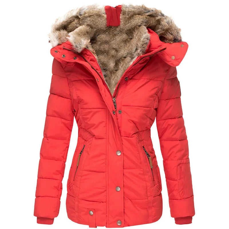 Soft, plush-trimmed women's winter jacket. Cozy, warm outerwear for cold weather comfort and style.