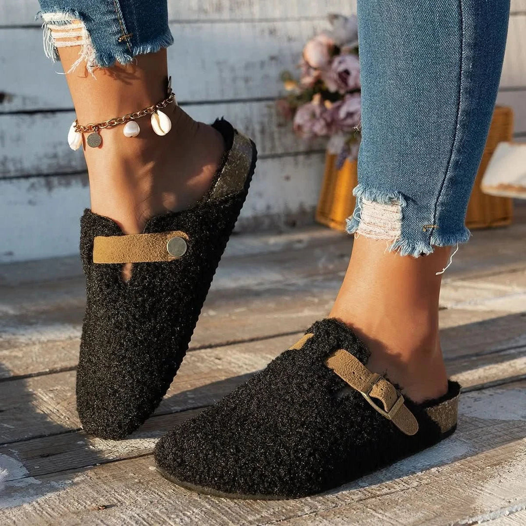 Comfortable women's winter mules, soft warm footwear for home & casual wear. Anti-slip design.