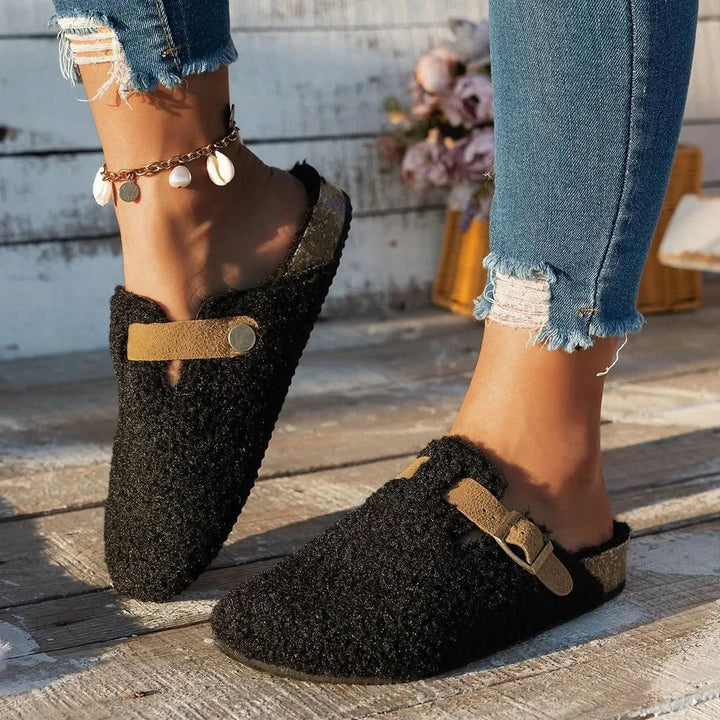 Comfortable women's winter mules, soft warm footwear for home & casual wear. Anti-slip design.