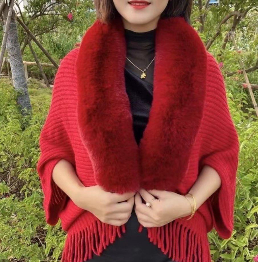 Cozy women's wrap cardigan, Louise style. Soft faux fur collar for elegant fall & winter outerwear.