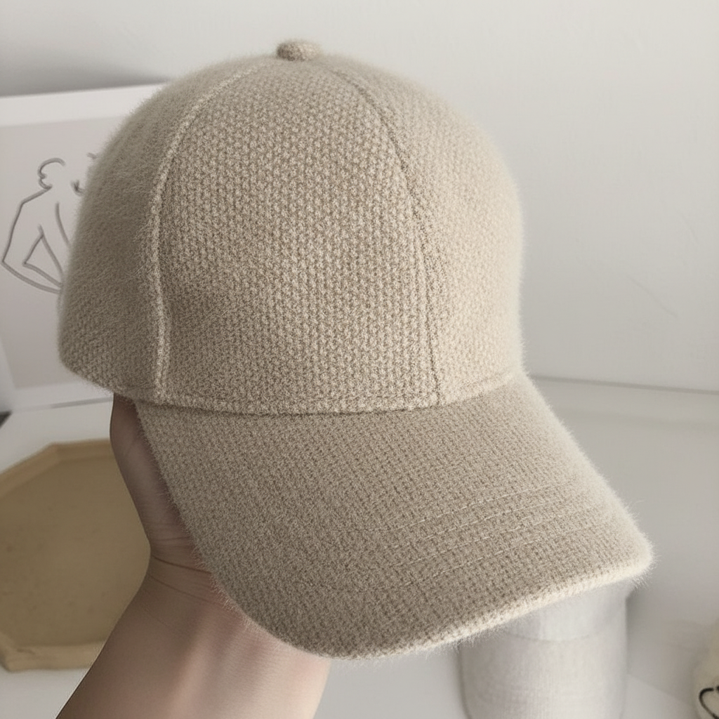 Close-up of a women's faux fur lined baseball cap, showcasing plush interior and durable exterior