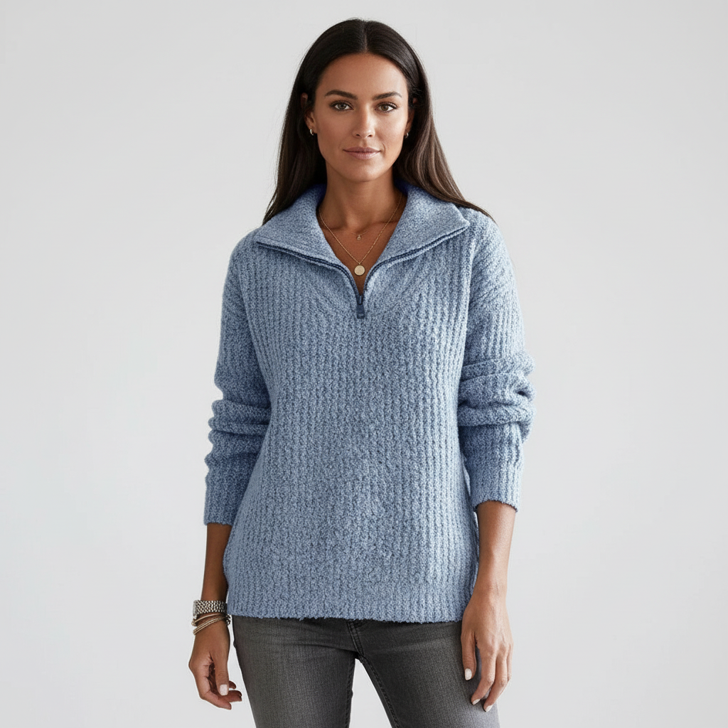 Back view of a women's loose fit half-zip knitted autumn sweater, perfect for everyday comfort