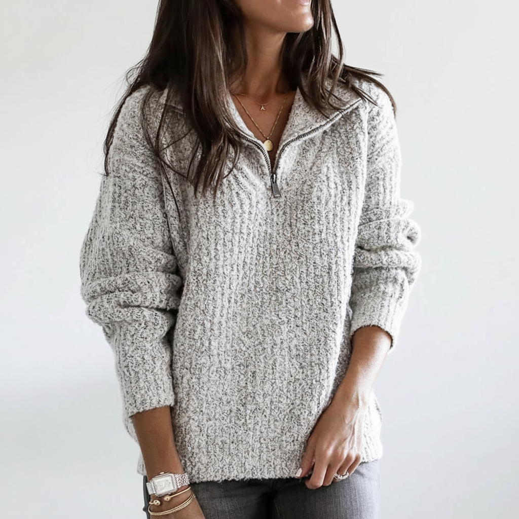 Women's half-zip knitted autumn sweater in a warm, inviting hue, essential for winter knitwear