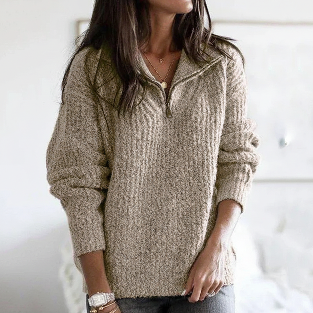 Cozy women's half-zip autumn sweater with ribbed cuffs and hem, offering comfort and style