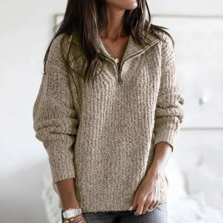 Cozy women's half-zip autumn sweater with ribbed cuffs and hem, offering comfort and style
