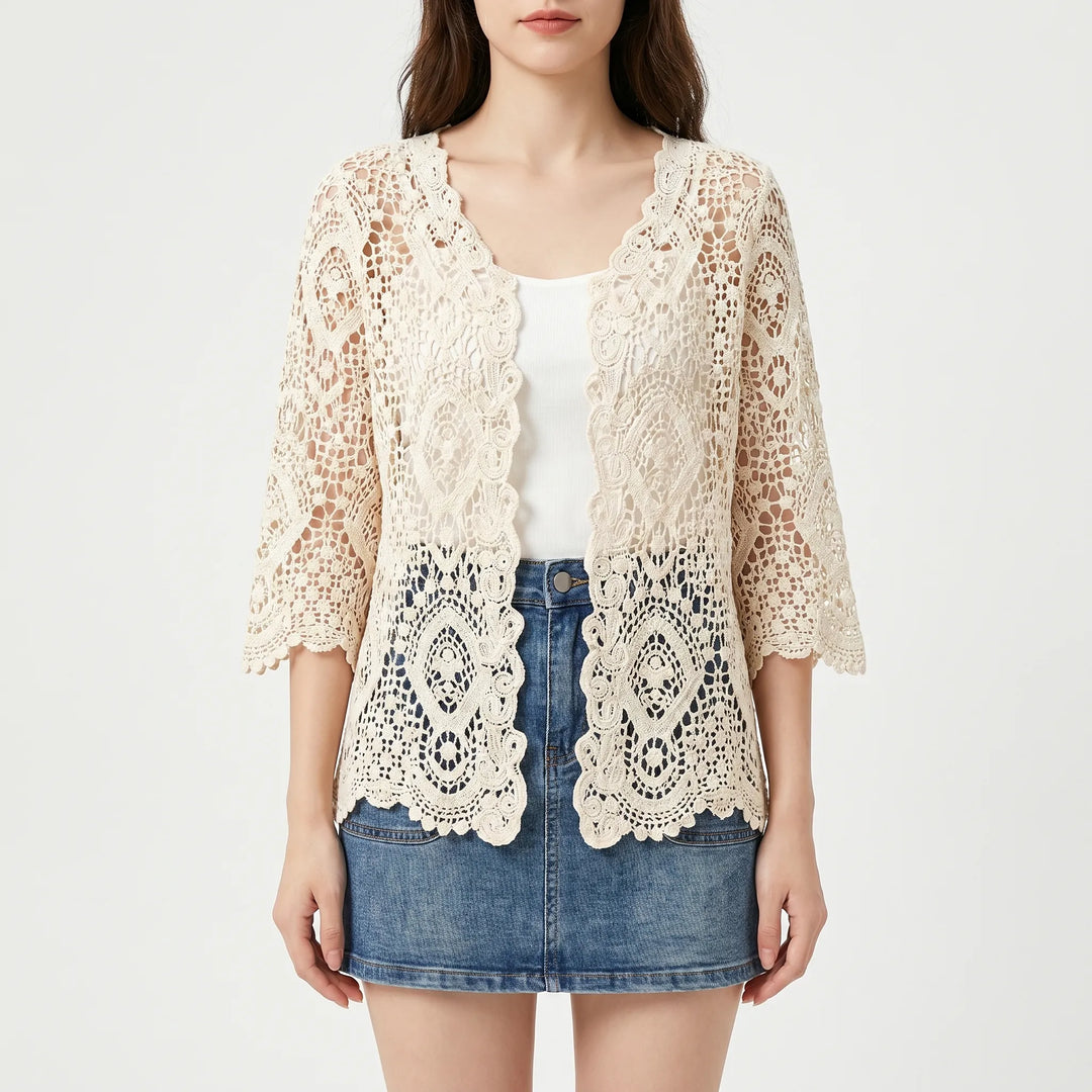 Lightweight women's open-front crochet cardigan for summer. Versatile bohemian style, perfect for spring/beach layering.