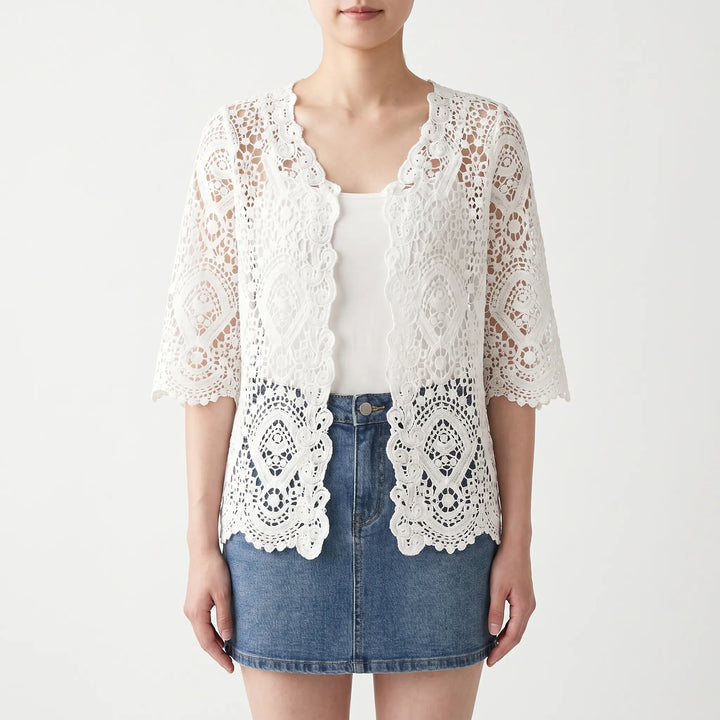 Breezy women's open-front crochet-style cardigan, a lightweight summer essential for casual or beachwear layering.
