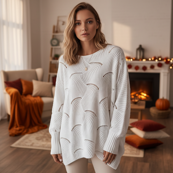 Women's cream ribbed asymmetrical hem sweater, long sleeve, for autumn