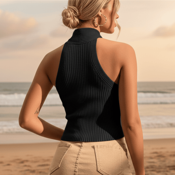 Fashionable women's criss-cross halter ribbed crop top, a stylish sleeveless piece for your summer wardrobe.