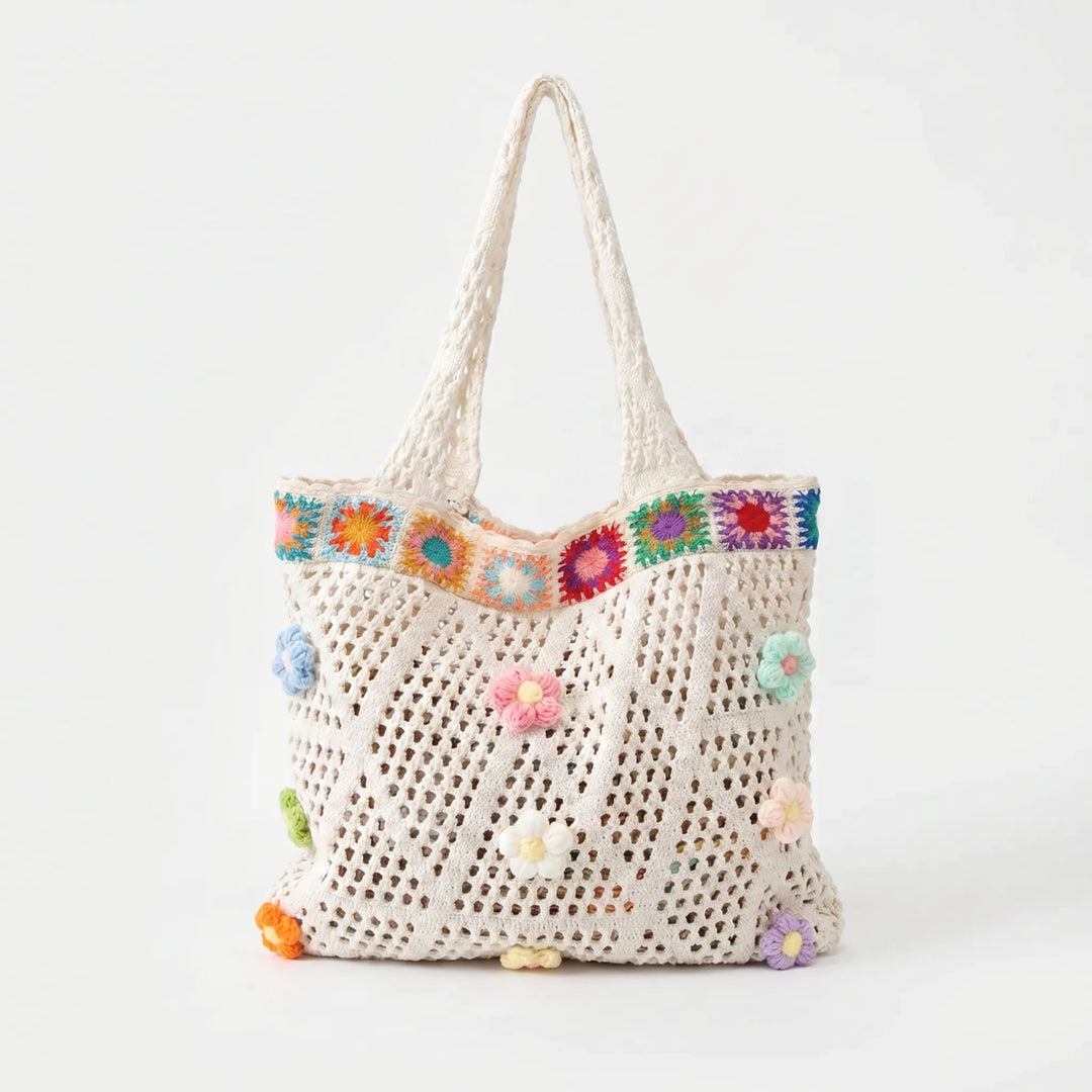 Lightweight women's floral crochet tote bag, a trendy boho summer shoulder bag. Perfect for everyday and packable.