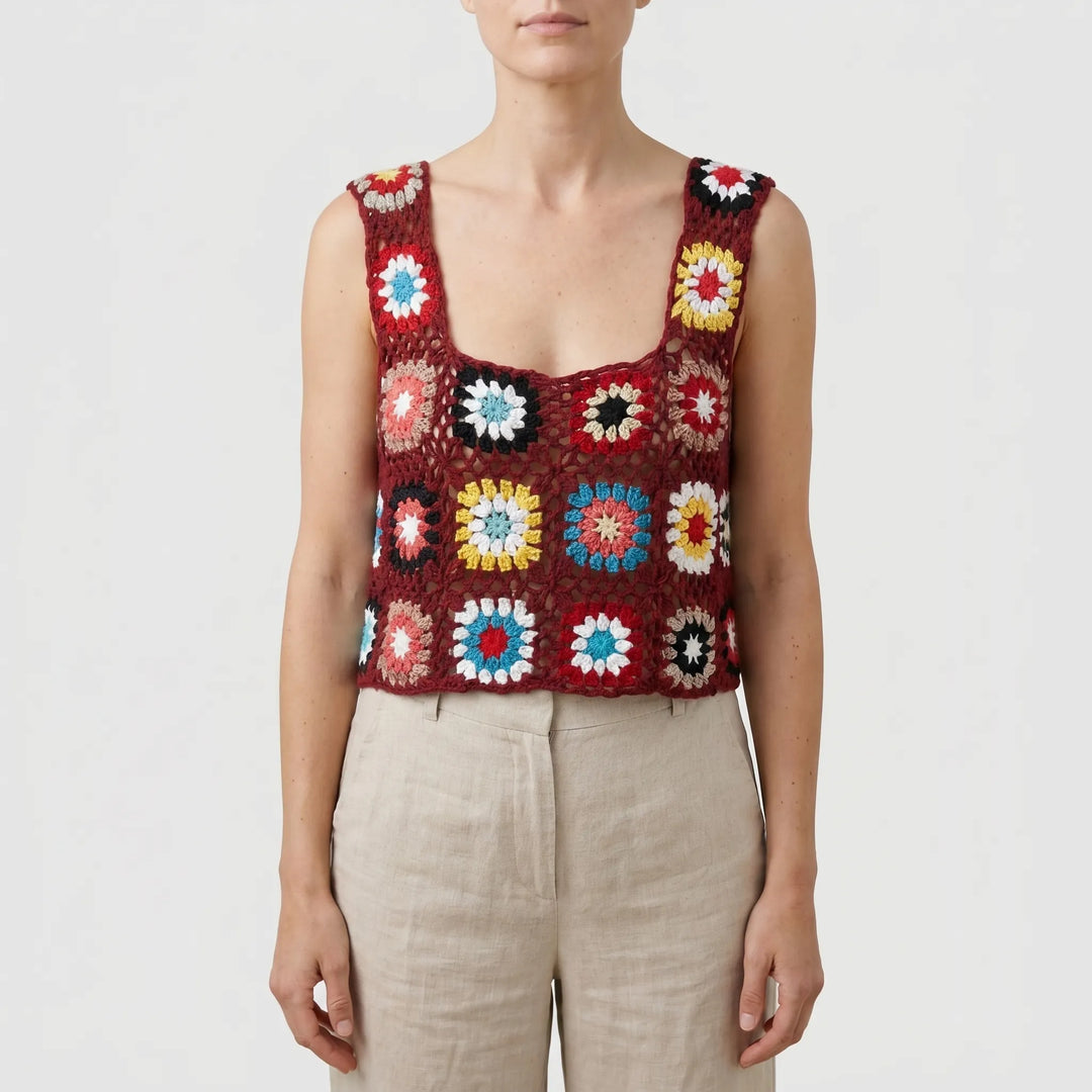 Boho chic crochet sleeveless crop top, ideal for summer fashion, vacation, or casual wear.