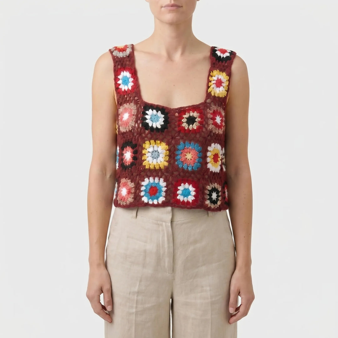 Women's summer crochet crop top, sleeveless and colorful, perfect for beach days or casual outings.