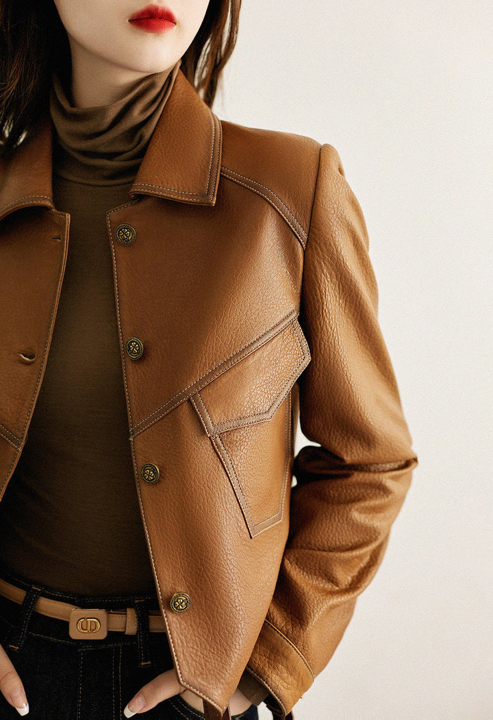 Stylish women's black cropped faux leather jacket. Versatile spring/fall fashion outerwear.