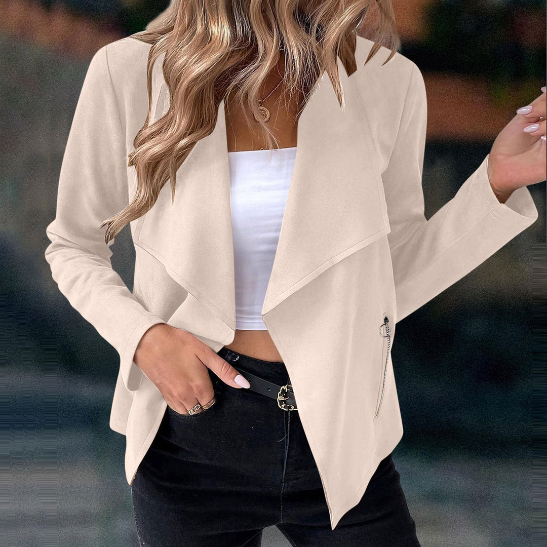 Casual yet elegant women's draped jacket. Cropped open front design perfect for layering and fashion.