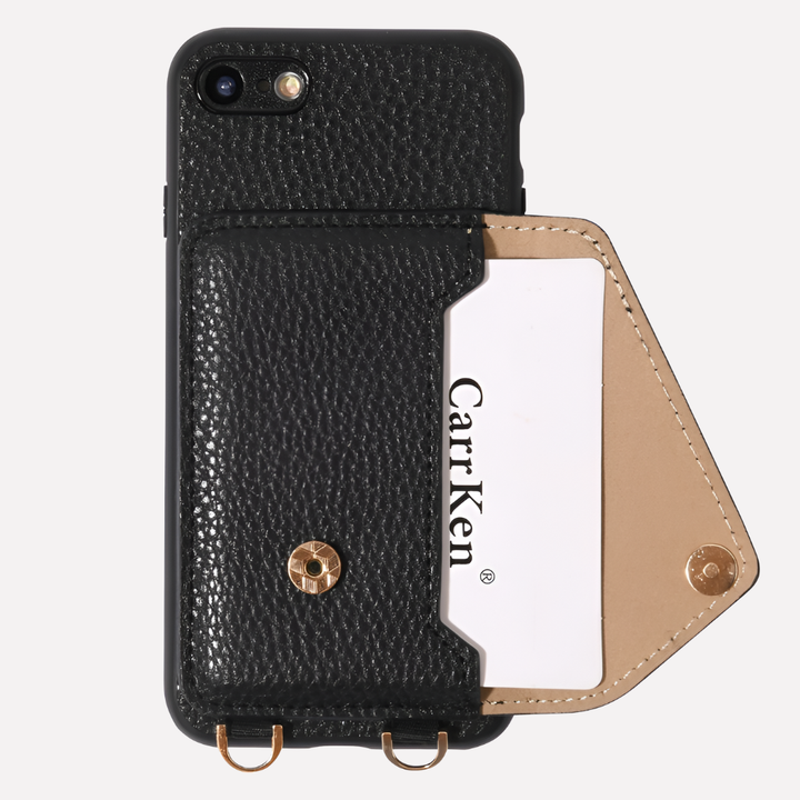 Women's crossbody iPhone case with card holder and lanyard for hands-free convenience.