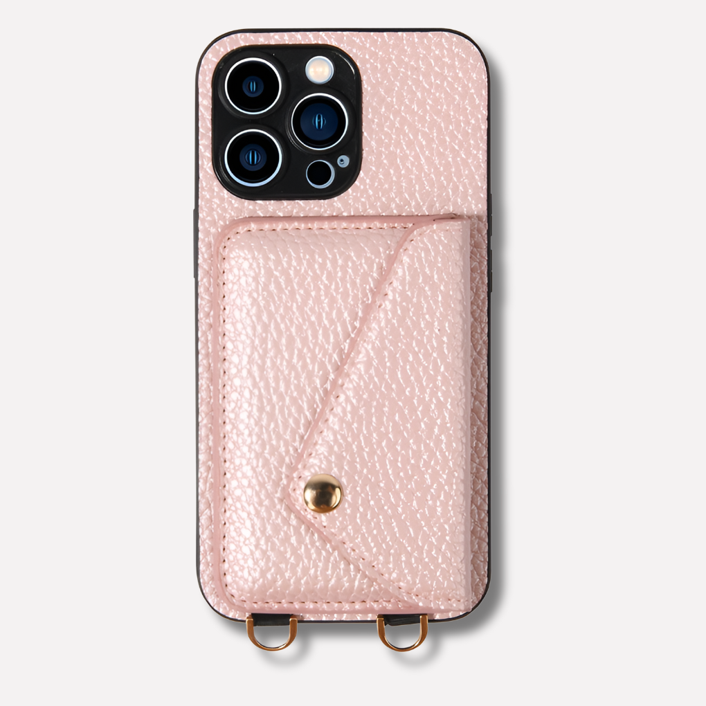 New women's crossbody phone case, integrated card holder, & sturdy lanyard. Essential tech accessory.
