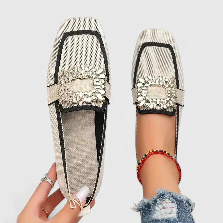 Women's crystal square-toe flat loafers. Elegant slip-on flats with a sparkling buckle, perfect for everyday chic.