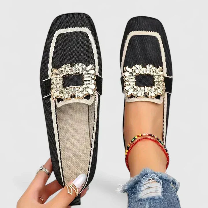 Comfortable women's square-toe flat loafers with a chic crystal buckle. Ideal for fashion-forward everyday style.