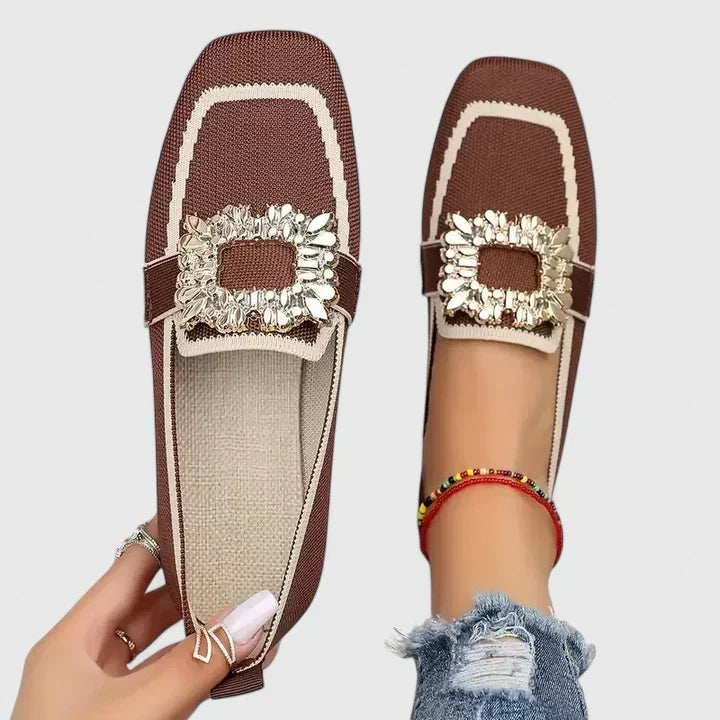 Elegant women's square-toe flat loafers. Dress shoes featuring a sparkling crystal buckle, perfect for chic style.