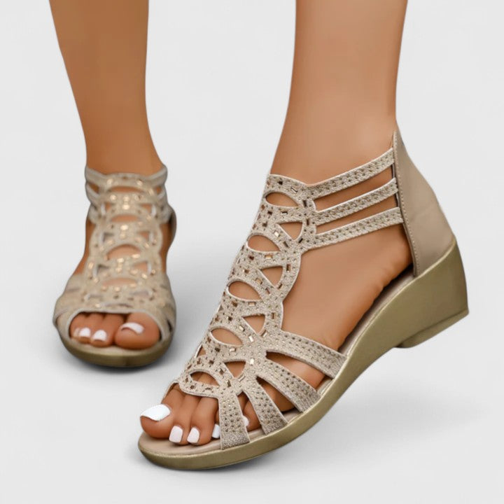 Glamorous rhinestone gladiator wedge sandals for women, ideal for dressy summer occasions.