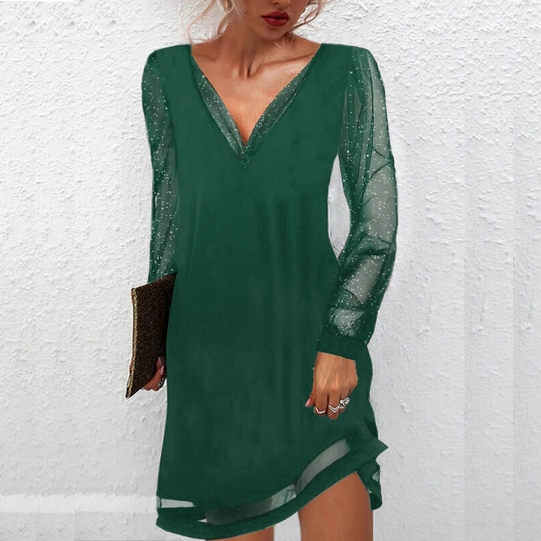 Classic red sleek V-neck dress by Crystalie. This elegant A-line women's dress is perfect for any occasion.