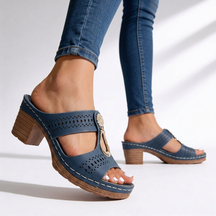 Comfortable women's platform block heel sandals with rhinestone T-strap. Perfect for walking & vacation wear.