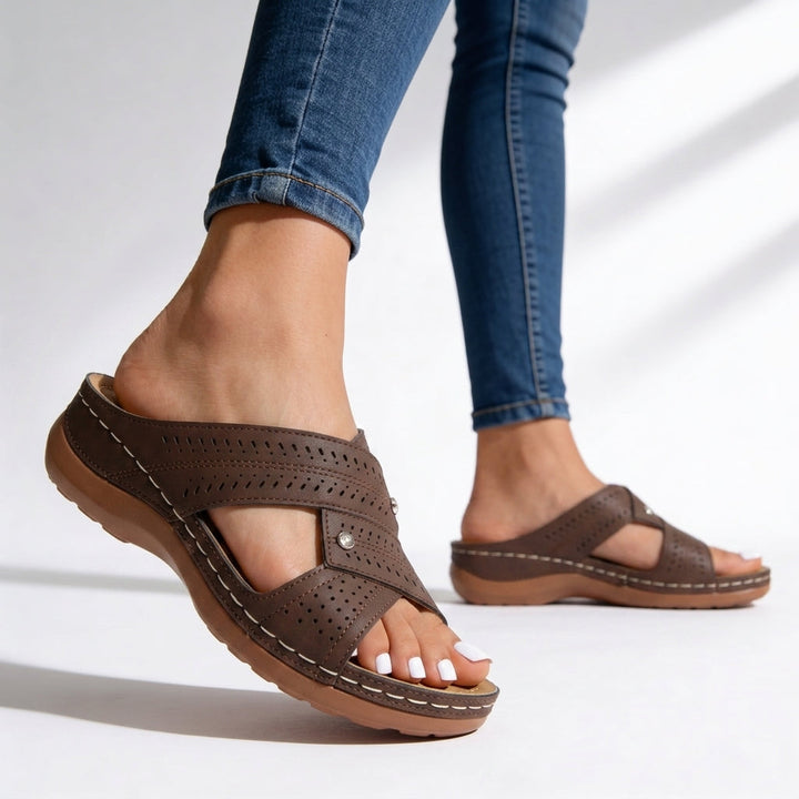 Women's cushioned crossover wedge sandals. Perfect for all-day comfort, walking, and stylish summer wear.