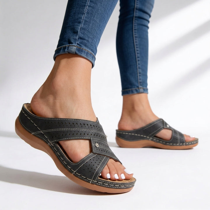 Slip-on peep toe women's wedge sandals with cushioned insoles & crossover straps for ultimate summer comfort.