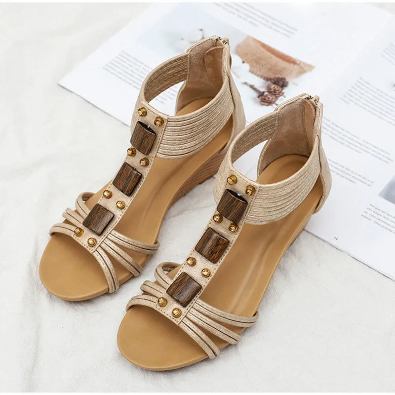 Summer-ready women's orthopedic wedges. Cushioned, strappy comfort sandals for elegant outdoor wear.