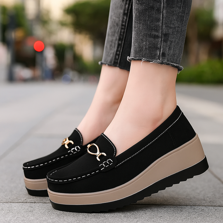 Women's Cushioned Platform Loafers. Stylish slip-on comfort shoes with orthopedic lift, perfect for daily wear.