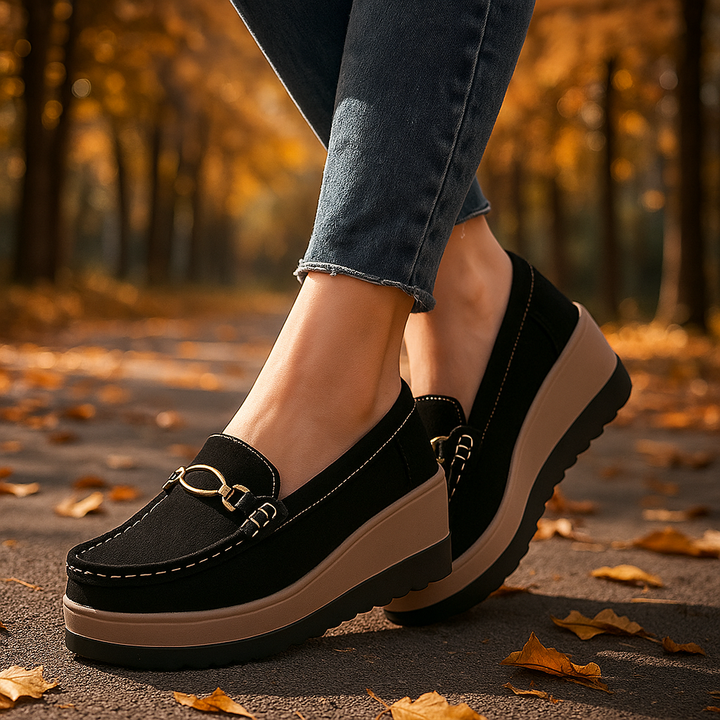 Comfortable women's platform loafers. Orthopedic slip-on shoes with cushioned insoles & a subtle lift.