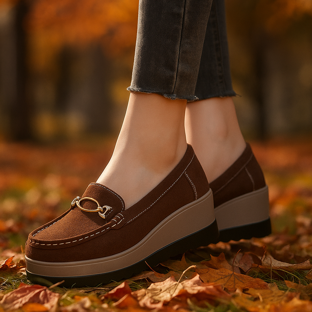 Stylish women's slip-on loafers. Platform comfort shoes with thick cushioning, ideal for work or casual outfits.