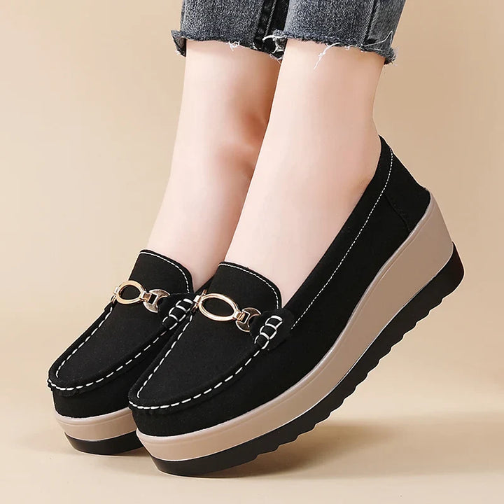 Women's dress shoes: Elegant platform loafers with cushioned footbed for all-day orthopedic comfort.