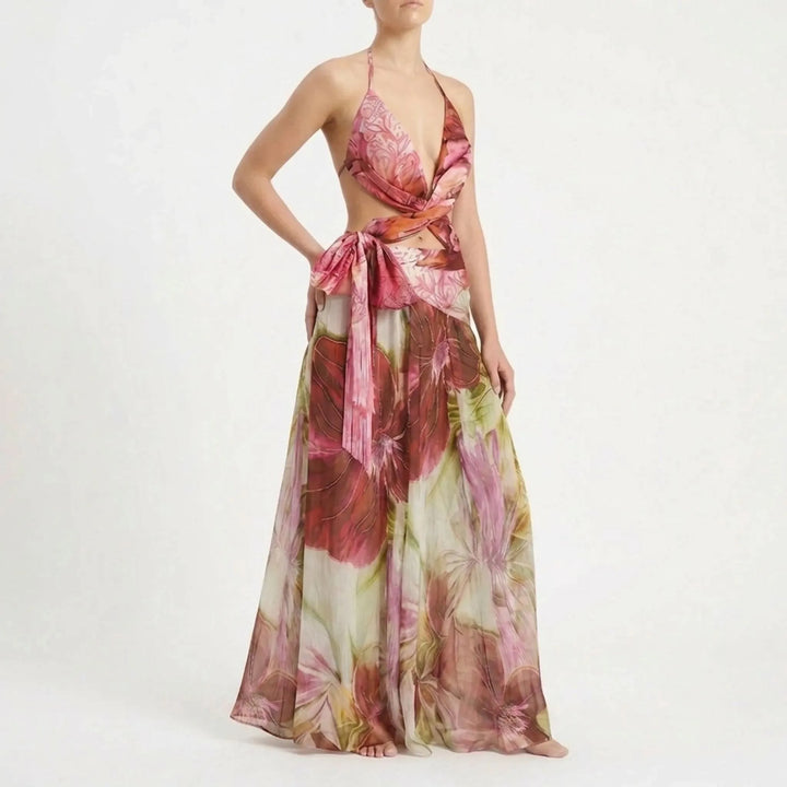 Chic women's vacation fashion: cutout bandeau swimsuit and a matching long skirt cover-up.